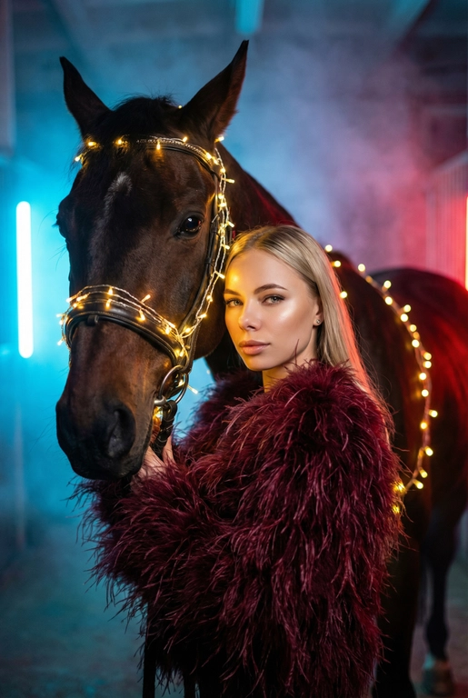 Создай крупный портрет, не меняя черты лица. Фотография в стиле высокой моды. Женщина, одетая шубу из пера страуса. Она стоит рядом с вороной лошадью, которая полностью обвита светящимися теплым светом гирляндами. Гирлянда также идет поверх узды.  Освещение драматичное, кинематографичное, с  неоновым свечением и легкой дымкой на заднем плане в конюшне . Высокая детализация, 8k, профессиональная съемка. Лицо девушки освещено мягким теплым светом. Глубокие тени, туман, мистическая и сюрреалистичная атмосфера. Фото на камеру 35mm, малая глубина резкости. Цвет шубы - бордовый