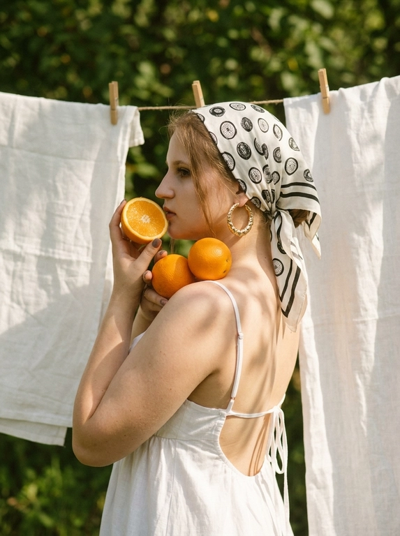 Transfer the face from the photo identically. Shoulder-up side profile portrait outdoors next to white linen sheets hanging on a clothesline with wooden clothespins. The woman wears a light summer dress with thin straps and an elegant open back revealing the shoulders. Her head is wrapped in a white headscarf with a small repeating circular black print tied behind the head. Large textured gold hoop earrings.Pose with chin slightly lifted while holding a half orange near the face and two whole oranges resting against the shoulder and chest.Natural sunlight filtered through tree leaves creates soft dappled shadows on the skin and fabric.Warm vintage analog film color grading with slightly muted greens and rich citrus orange tones, subtle film grain, gentle softness and highlight bloom, shallow depth of field, cinematic lifestyle photography.