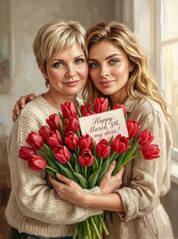 Схожесть 100%, не менять черты лица. Гиперреалистичные вертикальное изображение — точная копия персонажей с референсной фотографии. Персонажи с фотографии мягко улыбаются и обнимают огромный букет красных тюльпанов. Все персонажи одеты в нейтральную повседневную одежду без ярких деталей. Стиль: густая масляная живопись с выраженными мазками (oil painting, heavy brushstrokes). В букет вставлена открытка. На открытке каллиграфическая надпись. Мягкий солнечный свет, малая глубина резкости, создающая ощущение уюта и тепла.

Какая будет надпись?:  На открытке надпись "С 8 марта, родная!"
