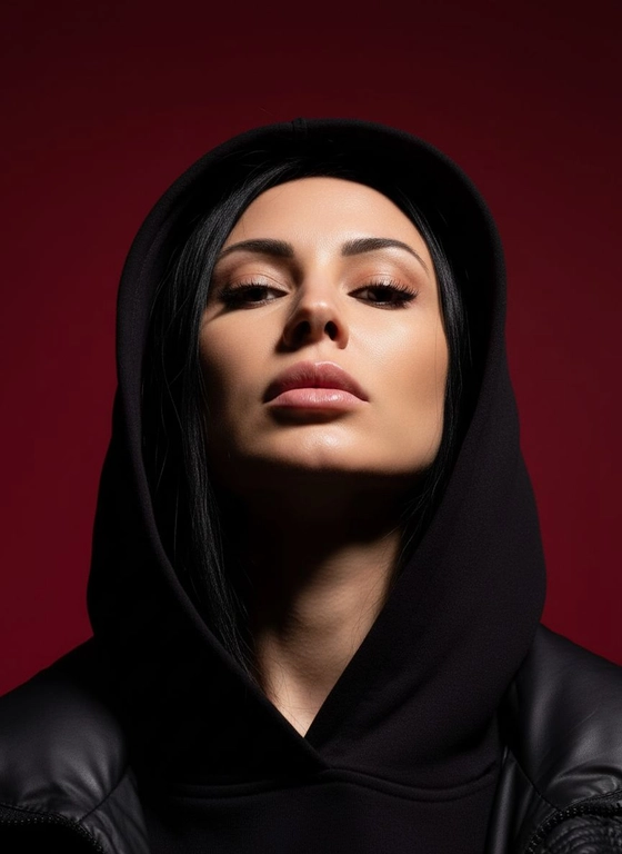 Создай портрет, используя те же черты лица (на основе загруженного фото), характеризующийся резким кинематографическим освещением и интенсивным контрастом. Снятый с немного нижнего ракурса, направленного вверх, что подчеркивает линию подбородка и шеи модели, этот портрет производит впечатление доминантности и скульптурной элегантности. Фон — глубокий, насыщенный малиново-красный, создающий яркий визуальный контраст со сияющей кожей модели и темной одеждой.