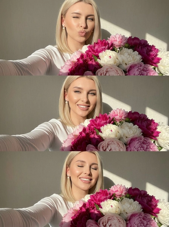 Селфи фронтальная камера, вертикальный коллаж 3 кадра (стопкой): белый топ с длинным рукавом, жемчужные серьги-гвоздики.
В каждом кадре огромный букет цветов. 1) duck face + подмигивание в камеру, 2) уверенная улыбка в камеру, 3) улыбка с закрытыми глазами, безмятежное счастье. Жёсткий солнечный свет справа, высокий контраст, резкие тени, светлая нейтральная текстурная стена, lifestyle aesthetic.

Какие будут цветы?: В каждом кадре огромный букет пионов.