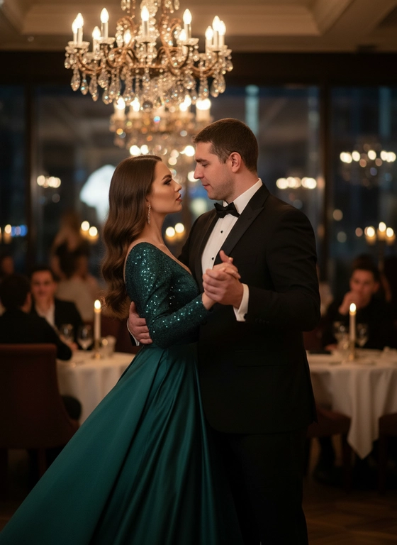 Женщина в вечернем платье и мужчина в безупречном классическом костюме грациозно танцуют в элегантной одежде  в элегантном ресторане. Мужчина выше девушки он широкоплечий. Их взгляды встречаются, полные нежности и страсти, а вокруг них витает атмосфера волшебства и романтики. Освещение мягкое, приглушенное, исходящее от изысканных люстр и свечей на столах, подчеркивающее изящество их движений и блеск их нарядов. Фон размыт, чтобы акцентировать внимание на паре, но при этом намекает на роскошный интерьер ресторана с приглушенными огнями, возможно, виднеющимися силуэтами других посетителей или элегантными элементами декора. Стиль реалистичный, с элементами кинематографичности, передающий динамику танца и глубину эмоций. Каждая складка платья, каждый изгиб тела, каждая эмоция на их лицах прорисованы с невероятной детализацией, создавая ощущение живого момента, запечатленного на холсте. Воздух вокруг них словно искрится от их энергии, а музыка, хоть и невидима, ощущается в каждом их движении, в каждом повороте. Это не просто танец, это история любви, рассказанная без слов, где каждое прикосновение, каждый взгляд говорит о глубокой связи и взаимном притяжении. Цветовая палитра теплая и насыщенная, с преобладанием глубоких оттенков, которые добавляют изображению богатства и глубины. Композиция динамичная, но при этом сбалансированная, позволяющая зрителю полностью погрузиться в этот волшебный момент."
