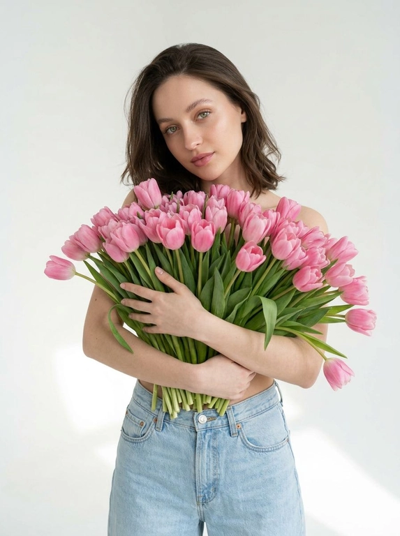Женщина позирует в на белом фоне. Мягкие тени на стене и полу, ощущение воздуха и пространства. Макияж натуральный: ровный сияющий тон кожи, подчеркнутые ресницы, мягкие розовые губы. Атмосфера кадра — женственность, свежесть, легкость, весеннее настроение. Крупный план по грудь. На ней только светло-голубые широкие джинсы Levi’s с высокой посадкой. Взгляд в камеру, спокойное уверенное выражение лица. Голова немного наклонена вбок.

Какие будут цветы?: Она обнимает большой букет розовых тюльпанов, полностью прикрывая им грудь. Стебли естественно опущены вниз под весом цветов.