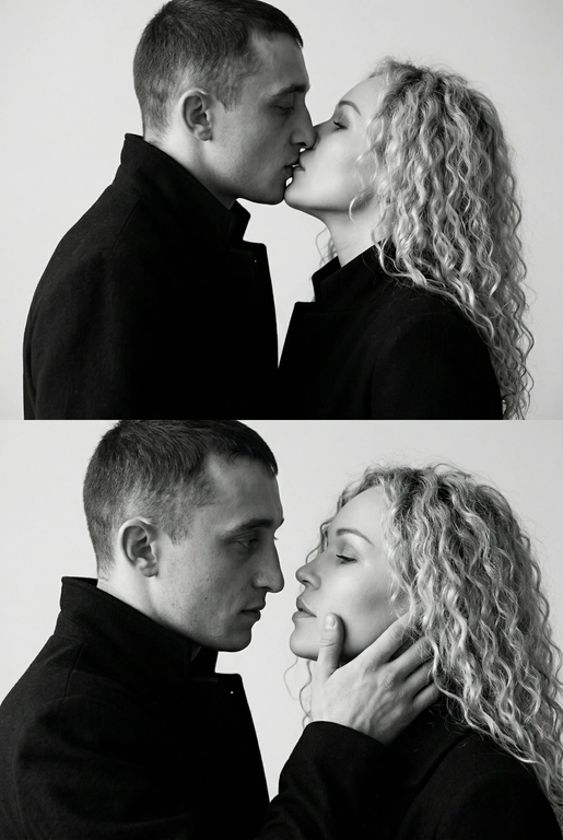 Не меняй внешность. Фотография представляет собой диптих (двойное изображение), выполненный в черно-белой гамме, который запечатлел пару в двух последовательных, нежных моментах. Общий стиль снимка — минималистичный и драматичный.
Верхний Кадр: Поцелуй
• Действие: Пара запечатлена в момент поцелуя.
• Мужчина: Слева, в профиль. Он одет в темное пальто или пиджак с высоким воротником. Его губы соприкасаются с губами женщины.
• Женщина: Справа, в профиль, с приподнятым подбородком, чтобы дотянуться до мужчины. У нее тонкие, изящные черты лица. Она одета в похожее темное пальто с воротником-стойкой.
• Эмоция: Кадр передает интимность и сосредоточенность на моменте соприкосновения.
Нижний Кадр: Нежность и Взгляд
• Действие: Мужчина и женщина смотрят друг на друга (или почти смотрят) на очень близком расстоянии.
• Мужчина: Слева, в профиль. Выражение его лица более серьезное и задумчивое. Он смотрит прямо на женщину.
• Женщина: Справа. Ее голова немного запрокинута, а глаза почти закрыты, что придает моменту большую чувственность.
• Взаимодействие: Рука мужчины (похоже, его правая рука) нежно поддерживает ее лицо сбоку, держа ее за челюсть/подбородок. Это движение подчеркивает заботу и глубокую эмоциональную связь между ними.
Общий Стиль и Композиция
• Цвет: Использование черно-белой палитры исключает отвлекающие цвета и усиливает драматизм, фокусируя внимание зрителя на контурах, текстурах и эмоциях.
• Одежда: Оба одеты в простые, темные вещи, которые гармонируют с общим настроением снимка.
• Фон: Однотонный, нейтральный, светлый фон (возможно, белая или светло-серая студийная стена), который создает сильный контраст с темной одеждой пары.
• Композиция: Диптих, разделенный горизонтальной линией, показывает два мгновения близости, создавая историю или последовательность.
Снимок производит впечатление элегантной, высококлассной модной или арт-фотографии, посвященной теме глубокой, серьезной любви и страсти.