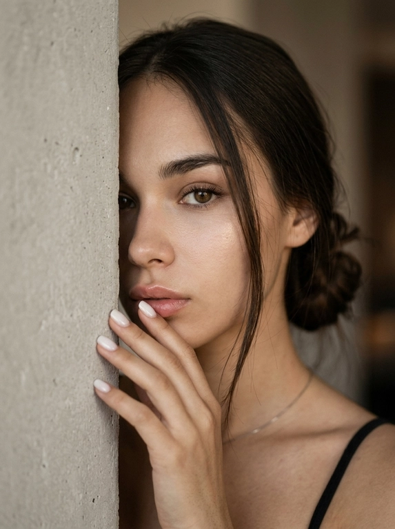 Фотореалистичный luxury beauty-портрет крупным планом, Canon EOS R5, объектив 85 mm f/1.4. Очень близкий кадр лица, девушка стоит вплотную к светло-серой бетонной колонне, половина лица частично скрыта за колонной. Один глаз полностью открыт и смотрит прямо в камеру уверенным, спокойным взглядом. Голова слегка наклонена к колонне. Правая рука нежно касается нижней губы кончиками пальцев.

Волосы собраны в свободный низкий небрежный пучок с мягкой текстурой, несколько длинных тонких прядей свободно обрамляют лицо. Легкий нюдовый макияж с акцентом на глаза, длинные ресницы с лисьим эффектом, натуральные густые брови, влажный хайлайтер на скулах и переносице, слегка загорелая кожа с реалистичной текстурой, полные губы с нежно-розовым глянцевым блеском.

Маникюр однотонный молочный, короткая овально-квадратная форма ногтей, без рисунков, без страз, без узоров.

Теплый минималистичный интерьер с бетонными поверхностями, мягкий размытый фон без отвлекающих деталей. Мягкий боковой естественный свет из большого окна, плавные тени, объемное освещение лица, спокойная luxury editorial атмосфера.

moody underexposed beauty photography, intentionally lowered exposure, deep rich shadows, high contrast, minimal natural directional lighting, warm skin tones, luxury editorial finish, ultra realistic skin texture, crisp eyelashes, glossy lips, subtle film grain, shallow depth of field, ultra sharp focus on the visible eye, 8k, RAW photo.