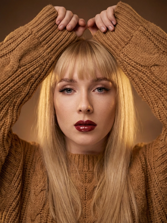  

 

 

Не меняй внешность девушки с фото. У девушки длинные волосы, ламинированные брови, длинные нарощенные ресницы (лисий эффект).
Создай изображение в том же стиле и с тем же ракурсом — крупный план лица девушки, слегка наклонённого вперёд. Её взгляд направлен прямо в камеру, немного томный и загадочный. Губы слегка приоткрыты, покрыты глянцевым блеском насыщенного бордового оттенка. Девушка держит объёмный вязаный свитер (или кофту) над головой, будто «прячется» в нём или играет с тканью. Руки подняты, локти слегка согнуты, поза расслабленная, но выразительная.
Одежда:
на девушке надет объёмный вязаный свитер крупной вязки тёплого бежево-коричневого оттенка (как цвет карамели или кофе с молоком);
ткань свитера должна выглядеть плотной, уютной, с чётко видимой текстурой вязки (рельефные полосы, характерные для ручного или машинного вязания);
свитер свободно облегает фигуру, рукава широкие, слегка собираются в складки;
часть свитера поднята над головой, обрамляя лицо и создавая интересный визуальный акцент.
Обстановка:
фон — однотонный, тёплый, с мягким градиентом от светло-коричневого к тёмно-коричневому (как цвет какао или тёплого песка);
фон должен быть слегка размытым, без деталей, чтобы акцентировать внимание на модели;
освещение мягкое, тёплое, с лёгким золотистым оттенком, подчёркивающее контуры лица, текстуру кожи и блеск губ;
основной источник света — сверху и немного спереди, создающий нежные тени на лице и подчёркивающий объём свитера.
Детали макияжа и внешности:
кожа девушки должна выглядеть ровной, с лёгким естественным сиянием, без видимых дефектов;
брови чётко очерчены, густые, с естественной формой, слегка подчёркнуты карандашом или тенями;
ресницы длинные, объёмные, с эффектом «лисий взгляд» — более длинные внешние уголки;
губы с чётким контуром, покрыты глянцевым блеском насыщенного бордового оттенка, должны выглядеть сочными и аппетитными;
Камера: снимок должен быть сделан на профессиональную беззеркальную камеру с портретным объективом, например, Fujifilm X-T4 с объективом 56mm f/1.2 или аналогичный по характеристикам. Глубина резкости небольшая — в фокусе лицо и руки девушки, фон слегка размыт.
Дополнительные детали:
внимание к мелким деталям: текстура кожи, отдельные волоски бровей, блеск на губах, рельеф вязки свитера, отдельные пряди волос;
композиция кадра асимметричная, с акцентом на лице и руках модели;
цветовая гамма тёплая, с преобладанием коричневых, бежевых и золотистых оттенков;
поза девушки должна передавать лёгкую игривость и расслабленность, но при этом быть выразительной и стильной.
Высокая детализация, 8К.