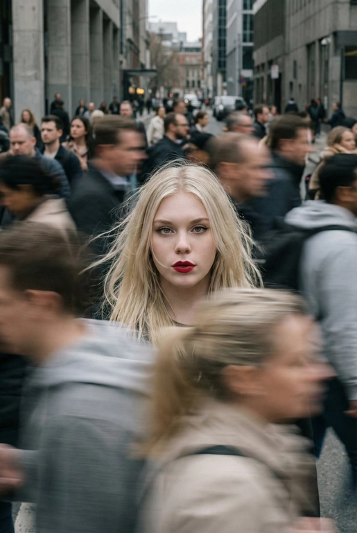   Кинематографичная фотография с эффектом смазанного движения, снятая на Leica SL3 с объективом 50mm Summilux при f/2.8, с фронтального ракурса на уровне груди, с использованием медленной выдержки и панорамирования. Ровный пасмурный дневной свет выступает как мягкий диффузор, позволяя создавать длинные шлейфы размытия без жёсткого контраста. Цветовая тональность — приглушённые бетонно-серые оттенки и нейтральные тона светлой кожи, вдохновлённые фильмами студии A24. Женщина с референса:  волосы застыли в полёте перед лицом, кожа с лёгким румянцем ловит тёплый свет, глаза пронзительно смотрят прямо в камеру, сохраняя неподвижность среди хаоса; губы подчеркнуты насыщенной вишнёво-красной помадой, создающей главный цветовой акцент, на ней сдержанный минималистичный образ. Сотни спешащих прохожих проносятся во всех направлениях, их тела вытянуты в плавные горизонтальные и диагональные размытия. Эмоция — тихий бунт через неподвижность. Эстетика — редакционный покой против хаоса. Постобработка: чистая физика движения, тонкое зерно, без глитчей, без искажений лица и деформаций анатомии. --ar 9:16 -- raw