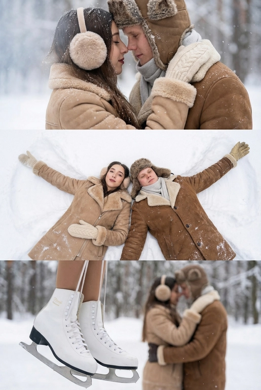   Зимняя фотосессия пары в заснеженном лесу. Мягкий дневной свет, лёгкий снегопад, холодная зимняя дымка. Она —в светло‑коричневой/бежевой дублёнке с видимым меховым воротником и манжетами и пушистых наушниках. Он — в коричневой дублёнке с меховыми манжетами, шапка- ушанка и светло-серый шарф. Атмосфера спокойная, романтичная, натуральный зимний пейзаж без лишнего декора. 

На одежде видны снежные хлопья, вещи выглядят мягкими и тёплыми.

Коллаж из трёх горизонтальных зимних кадров 

На верхней панели: Сверхкрупный план, их лбы/носы соприкасаются в нежном, интимном жесте. Ощущение близости и уюта.

На среднем панели:  Вид сверху на пару, они лежат на спине и делают снежного ангела, раскинутые руки, она в кремовых вязаных варежках, он в бежевых кожаных перчатках.

На нижней панели: Крупный план детали: белые классические фигурные коньки на фоне пары