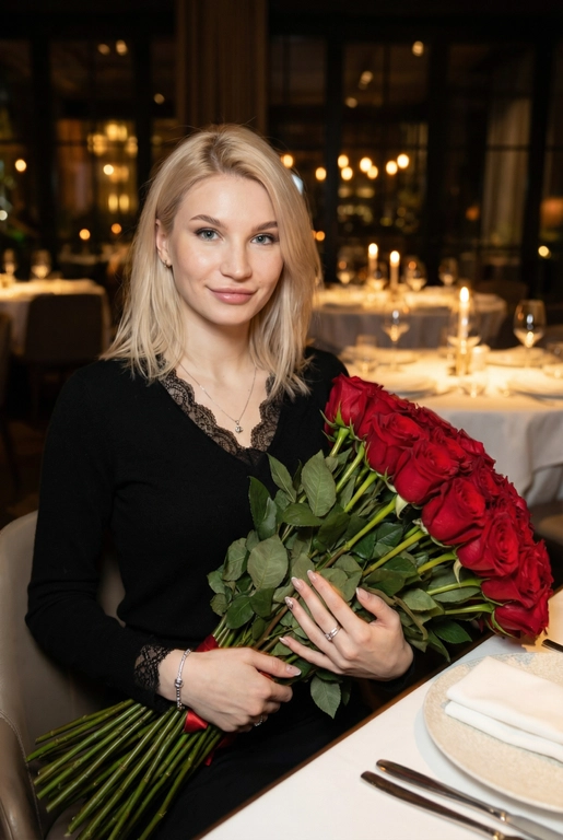 Женщина в дорогом ресторане сидит за сервированным столиком. Не меняй внешность, цвет волос и стрижку. Темное фото, теплые огни. В руках у нее огромный букет из 51 красной розы. Спонтанное фото в движении, немного смазано. Гламурный, но естественный макияж, серебряный браслет на руке, кольца, нежный маникюр. На шее тонкая серебряная цепочка и маленький кулон. Она смотрит в камеру, легкая улыбка. Она одета в черный кашемировый тонкий лонгслив с V-образным вырезом, отделанным тонким кружевом на воротнике и манжетах.