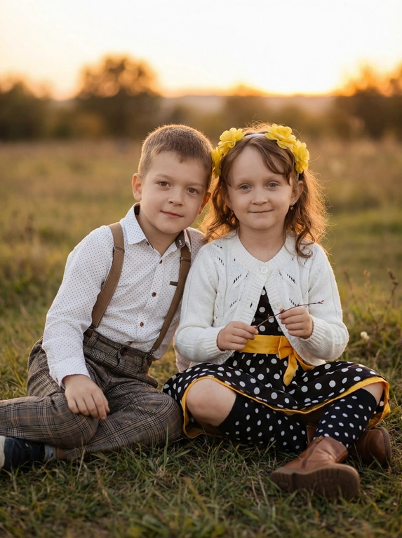  

Фотография, выполненная в теплых, естественных тонах, изображает двоих детей, сидящих на траве в поле. Фон размыт, видны деревья и горизонт на закате. Стиль фото – семейный, неформальный портрет.

Один ребёнок одет в белую рубашку в мелкий горошек с коричневыми подтяжками и клетчатые штаны. Он сидит, слегка наклонившись вперёд. Второй ребенок одет в платье в горошек с белой вязаной кофточкой на пуговицах. На голове повязка в тон платью. На ногах - гольфы в горошек и ботинки. Оба ребёнка смотрят в камеру. В руках у девочки небольшая веточка. Атмосфера спокойная и беззаботная.
Внешность детей не менять, сохранить как на исходных фото.