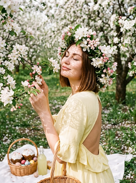 Кинематографический близкий портрет с добавлением зерна. На ней лёгкое платье  с открытой спиной и рюшами. На голове роскошный венок, сплетённый из живых весенних цветов. Цветущий фруктовый сад в разгаре весны. Яблони и вишни покрыты бело-розовым облаком цветов. На траве расстелено белое покрывало, на котором стоит плетёная корзина с куличами, яйцами и бутылка домашнего лимонада. Лепестки цветов усеивают землю и покрывало. Женщина стоит под цветущей яблоней, слегка запрокинув голову и закрыв глаза, вдыхая аромат цветов. Одна рука нежно касается ветки дерева, вторая придерживает корзину. Ветер слегка касается платья. Мягкий рассеянный свет в облачный, но яркий день. Цветущие ветки создают причудливую игру кружевных теней на лице и платье женщины. Общее освещение мечтательное, с высокой тональностью. Сохрани внешность модели 1:1.


Какого цвета будет платье?: Платье светло-желтого цвета.