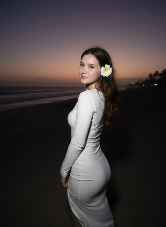 Сделай фото, будто я на пляже, где темно, но кто-то сфотографировал меня со вспышкой, и мое лицо немного блестит и светится, заднем плане закат, как будто солнце село на 98%, оставив фиолетовый оттенок, и само по себе почти темно. Фото сделано из-за моей спины, как будто  мне сказали, повернуться. Я в белом облегающем платье с цветком, заправленным в волосы. Волосы должны развеваться так, как будто дует слегка ветер.