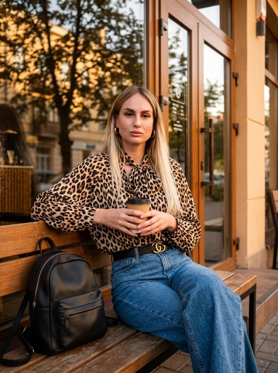 Модный снимок, сделанный на улице возле кафе. Женщина сидит на скамейке, облокотившись на спинку. В руках у неё бумажный стаканчик. На скамейке рядом с ней стоит чёрная кожаная сумка. Одета в просторные джинсы, затянутые чёрным ремнём с золотой пряжкой, На лице надеты солнцезащитные очки в стиле ретро с жёлтыми линзами, в ушах небольшие серьги-кольца. Сохранить черты лица.
Фото выполнено в тёплых тонах. На заднем плане виднеется фасад кафе с отражением деревьев в стеклянных дверях и окнах. Атмосфера непринужденная и стильная.

Какая будет блузка?: Свободная блузка с леопардовым принтом и длинными рукавами. На шее у блузки завязки.

Доп. характеристики: Вместо сумки кожаный рюкзак, без очков