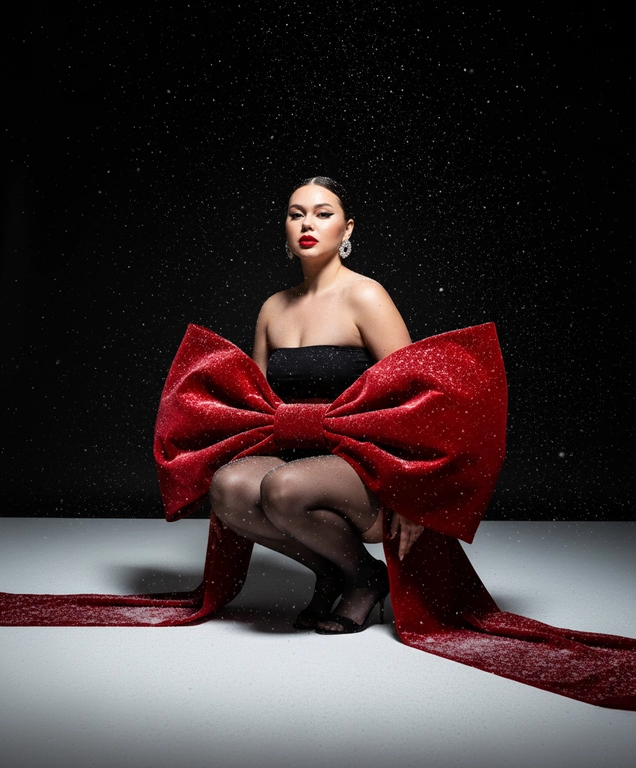 Создай изображение не меняя черты лица. Студийный портрет в стиле рождественской/новогодней модной кампании. Я в элегантной, присевшей позе, взгляд сфокусирован прямо в камеру. Огромный, гипертрофированно большой, роскошный бант из красного бархата, который обернут вокруг тела модели как кутюрный элемент одежды  с очень длинными, широкими ниспадающими концами, которые тянутся по полу. Бант и белый пол покрыты имитацией снега. Минималистичный черный топ без бретелей (bandeau) ,темные, полупрозрачные колготки, черные босоножки с открытым носом, на среднем каблуке. Гладко зачесанные назад волосы. Классический, выразительный макияж: яркая алая помада, четкие черные стрелки, хайлайтер. В ушах крупные, блестящие серьги-гвоздики.

Драматичное, контрастное студийное освещение (split lighting). Ярко освещенный белый пол/поверхность. Фон — глубокий черный, с эффектом динамично падающего яркого снега (snow dust effect).Фотография в высоком разрешении, гиперреализм, кинематографическое качество, профессиональный editorial-снимок для обложки Vogue, снято на камеру Hasselblad.