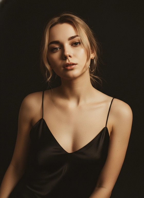 Максимально узнаваемое лицо и причёска, как на фото. 
Художественный портрет женщины в полумраке. Камерная атмосфера, тёмный фон без деталей. На ней атласное чёрное платье  с тонкими бретелями. Ткань ловит свет, создавая мягкие блики и шелковистую текстуру. Освещение мягкое, направленное, с эффектом старого студийного света, плавные тени, тёплая цветокоррекция, лёгкий винтажный эффект, кинематографичная плёночная зернистость. Реалистичное лицо, естественные пропорции, высокая детализация кожи, профессиональное качество, fine art fashion портрет. Крупный портрет. Голова слегка наклонена, выражение спокойное. Тёплый свет подчёркивает глаза и скулы, винтажная цветовая гамма, эффект плёночной съёмки.