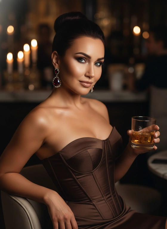 Не меняя внешности женщины с фото, элегантная женщина с глубоким загаром в расслабленной позе, слегка повернута влево, с наклоненной головой и мягкой уверенной улыбкой, смотрит на зрителя. Волосы собраны в высокий аккуратный пучок, открывающий шею и подчеркивающий черты лица. Боковое освещение выделяет контуры лица с насыщенным макияжем: темные брови и дымчатые тени, создавая загадочный образ. На ушах крупные серьги с темно-красными камнями и прозрачными кристаллами. В темно-коричневом облегающем платье без бретелек корсетного плана , подчеркивающем фигуру и плавные изгибы, ткань с мягкими складками мерцает. Левая рука на спинке кресла, правая держит низкий стакан с янтарной жидкостью и льдом. Размытый фон с теплым приглушенным светом, напоминает бар или лаунж с мягкими свечами и размытыми силуэтами мебели и людей, создавая интимный ночной настрой. Мягкие тени и свет подчеркивают спокойствие и роскошь момента. Фотореалистичное изображение, высокая детализация, 8K разрешение.
Эстетика роскоши, высокое разрешение,гиперреализм, текстура детально проработаны. Dramatic studio lighting, chiaroscuro, high contrast. Quality: 8k, hyper-realistic, highly detailed textures.