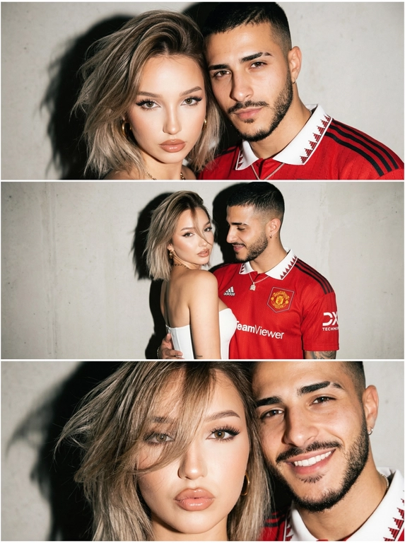 Вертикальный триптих-коллаж из трёх кадров в эстетике глянцевых журналов 2000-х и Y2K. В кадре мужчина и женщина позируют на нейтральном светлом фоне. Жёсткая фронтальная вспышка создаёт резкие тени на стене позади и лёгкий пересвет кожи, характерный для цифровых камер начала 2000-х.
У женщины объёмная укладка, волосы уложены на брашинг. Макияж — «лисичий» взгляд, длинные выразительные ресницы, подчеркнутые внешние уголки глаз, глянцевые губы. Атмосфера — гламурная, слегка дерзкая, как в поп-культуре начала 2000-х.
Кадры коллажа:
Верхний кадр — крупный план. Мужчина и женщина стоят очень близко к камере, почти заполняют весь кадр. Они смотрят прямо в объектив с серьёзным, уверенным выражением лица. Резкая вспышка создаёт плотные тени за их фигурами на стене.
Средний кадр — средний план. Женщина развёрнута корпусом в сторону, голова кокетливо повернута к камере. Прядь волос частично закрывает часть лица. Мужчина стоит позади и обнимает её за талию, смотрит на девушку.
Нижний кадр — очень крупный план. Лицо женщины почти вплотную к камере. Волосы уложены на бок и закрывают левый глаз. Она делает губы «бантиком» и смотрит прямо в объектив. Рядом мужчина, он улыбается.
Минималистичная композиция, крупные и средние планы. Винтажная цифровая текстура, лёгкая мягкая размытость, характерная для камер начала 2000-х, глянцевая Y2K атмосфера.