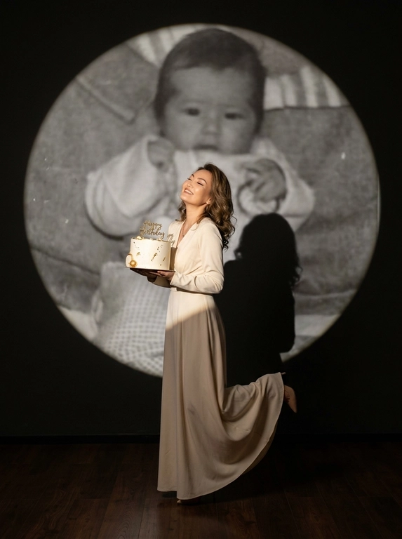 Create ultra-realistic cinematic birthday photoshoot, elegant studio with a dark background and a large circular spotlight projection on the wall. Inside the spotlight, a faded vintage childhood photo of the same girl(the reference image 2nd given)appears as a nostalgic memory, slightly transparent with old photo texture and soft blur. In the foreground, the present-day version of the same model (the reference image 1st given)  holding a white birthday cake decorated with gold accents with a “Happy Birthday". 

If the model is a woman, then she is wearing a cream long gown. If the model is a man, he is wearing a suit.

her head tilted back, eyes closed, natural smile,  cinematic shadow cast on the wall, warm soft spotlight lighting.

If the model was a woman, she additionally lifted her leg in an elegant pose.