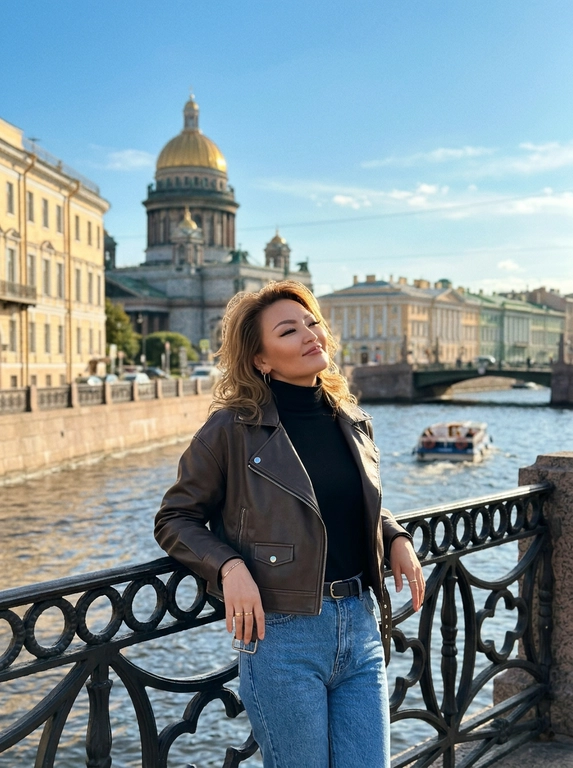 Кадр из городской фотосессии, снятый днем при ярком солнечном свете. На снимке изображена модель, стоящая на фоне архитектурного ансамбля исторического центра города с каналом и мостом. На заднем плане виден величественный собор с золотым куполом и старинные здания пастельных тонов. Атмосфера снимка теплая, расслабленная и безмятежная. Цветовая гамма естественная, с преобладанием глубокого синего цвета неба, золотистых и коричневых оттенков архитектуры и приглушенных тонов одежды.

Поза расслабленная: модель стоит полуоборотом к камере, опираясь локтями на ажурное кованое ограждение моста, корпус слегка отклонен назад, голова запрокинута, а лицо обращено к солнцу с легкой улыбкой и закрытыми глазами. Ракурс съемки средний, снизу вверх, подчеркивающий масштаб городской застройки.

Одежда: На женщине чёрная водолазка с высоким горлом и укороченная кожаная куртка-косуха тёмно-коричневого цвета со спущенной линией плеч. Классические голубые джинсы с высокой посадкой и ремнём.