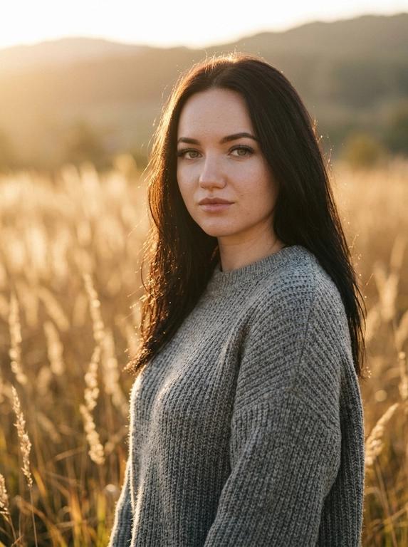 Плёночная эстетика, лёгкая зернистость, мягкая дымка, небольшой естественный шум. portrait of a model, natural skin texture with pores and subtle micro-imperfections, realistic skin rendering, shot on Fujifilm GFX 100, 100mm lens, shallow depth of field, subsurface scattering, soft warm sunset light, rim light, Tyndall effect, unedited look. Фотореалистичный вертикальный портрет модели в три четверти, кадр по пояс, она стоит в поле золотой сухой травы на закате, тёплый контровой свет подсвечивает волосы и создаёт мягкий ореол вокруг головы, на ней уютный вязаный свитер. Фон — мягко размытые стебли трав и дальние холмы с красивым боке. Композиция офф-центр, персонаж смещён вправо. Акцент текстуре света и атмосфере. Тёплая золотая цветовая палитра, кинематографичная цветокоррекция в стиле Kodak Portra, высокая детализация, фотореализм.

Цвет свитера?: Цвет свитера серый