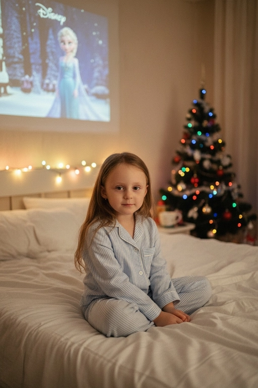 Атмосферный портрет человека, сидящий на кровати в уютной комнате. Не меняй черты лица ни на 1%. Человек смотрит в камеру. На человеке хлопковая голубая пижама в белую полоску. 
Теплое освещение от мерцающих гирлянд и рождественской ёлки. На заднем плане - проекция с фильмом или мультфильмом создающая нотку ностальгии.
Кинематографичный кадр, малая глубина резкости, волшебная и уютная атмосфера. Фото в стиле 90-х, ретро -фильтр. Зернистость Фильм - Disney "Холодное сердце"