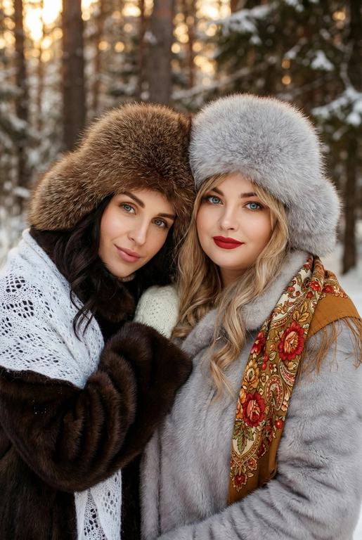 Создай кадр, который представляет собой теплый, уютный, слегка ностальгический зимний портрет в фэшн/фолк-стиле. Атмосфера спокойная, элегантная, дружеская близость двух моделей; сочетание высокой моды (мех, профессиональная ретушь) и фольклорной эстетики (вышитый шарф). Композиция и позирование: Форма кадра: портретный, вертикальный (соотношение примерно 3:4). Расположение: две женщины в центре кадра, тела и головы видны на груди; правая модель немного ближе к камере. Позы: девушки стоят близко друг к другу, левая модель слегка опирается на правую; плечи слегка повернуты к камере. Взаимодействие: мягкая улыбка, закрытое выражение лица, взгляд в камеру; дружелюбный, уверенный тон. Лица и макияж: Кожа: гладкая, естественная текстура, легкий эффект сияния. Глаза: аккуратные блики – оживляют взгляд; нейтральный/теплый макияж теней. Брови: естественная форма, слегка очерчены. Губы: у правой модели насыщенный матовый красный (центральный акцент), у левой – нежно-розовый нюдовый. Волосы: свободные пряди вокруг лица, несколько прядей с легкой волной для естественности. Шапки: большие пушистые меховые шапки с очень четко выраженной текстурой меха; справа – светло-серый мех, слева – коричневый мех. Форма: высокие, округлые, плотно сидят на голове, частично закрывают лоб – создают силуэт и рамку для лица. Верхняя одежда и текстуры: меховые пальто: густой натуральный мех у левой модели коричневый, у правой модели – светло-серый тон с видимым направлением волосков; богатая текстура и объем. У девушки справа на правом плече маленький платок с традиционным русским орнаментом – яркие цветы и листья, на фоне глубокого красного цвета с золотисто-терракотовыми, зелеными деталями; Тонкая бахрома ниспадает на ее плечо. У девушки слева на левом плече небольшой вязаный белый шарф с крупным ажурным узором, что добавляет контраста в текстуре и цвете. Окружение и фон: Лес: темные хвойные деревья, вертикальные силуэты стволов; снег на земле/вдали — размытый фон (боке).
