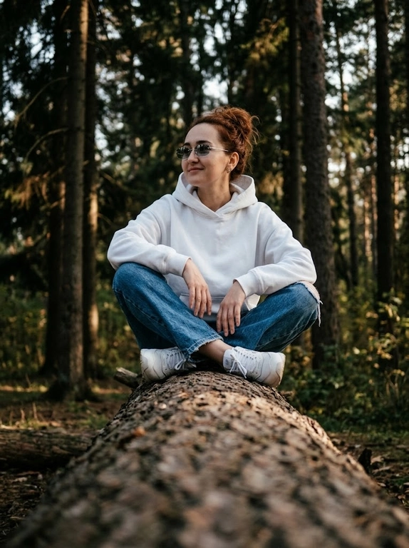 Объектив 35mm, f/1.8, камера расположена очень низко прямо вдоль массивного поваленного дерева, создавая сильную перспективу переднего плана — текстура коры крупно размывается к камере и уводит взгляд к модели. Модель сидит на бревне по-турецки, ноги скрещены перед собой, локти расслабленно опираются на колени, кисти свободно свисают между ног. Корпус слегка подан вперёд, плечи расслаблены, голова повёрнута в сторону, на лице мягкая улыбка без зубов, взгляд направлен вдаль мимо камеры, создавая спокойную уютную атмосферу caught candid moment. На ней белое oversize худи из плотного премиального хлопка с объёмным капюшоном и длинными рукавами, синие свободные джинсы с потёртостями и слегка выцветшей текстурой денима, на ногах белые кроссовки в стиле New Balance с массивной подошвой. На глазах узкие прямоугольные солнцезащитные очки Miu Miu без оправы с серыми зеркальными стёклами. Высокие хвойные деревья вокруг, cinematic forest atmosphere, тёплый вечерний свет проходит сквозь ветви, глубокие тени и мягкие золотисто-коричневые оттенки, moody underexposed fashion photography, intentionally lowered exposure, rich shadows, subtle warm highlights, лёгкая плёночная зернистость, RAW photo, реалистичная текстура кожи, объёмное боке, luxury Pinterest editorial aesthetic.

Какая будет прическа?: Волосы уложены в небрежный пучок