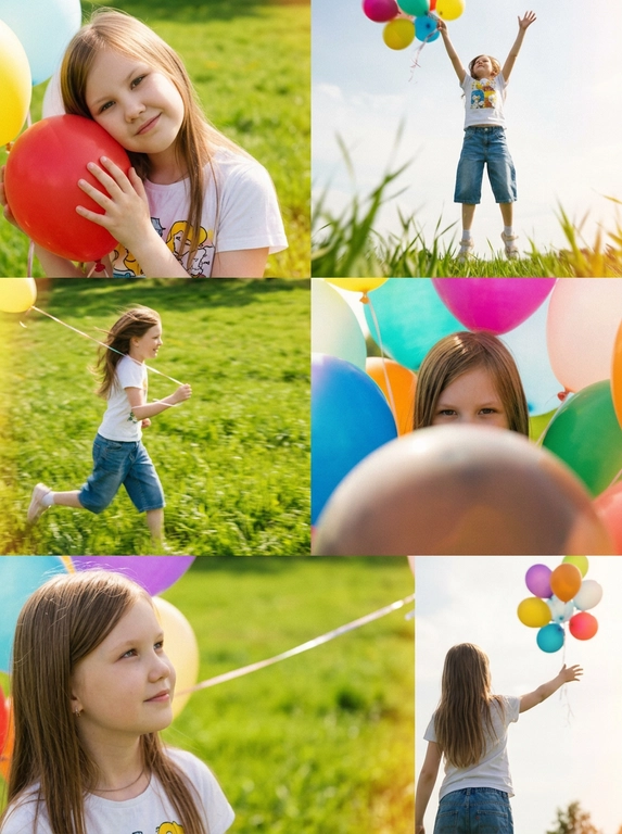 Коллаж из 6 фото в стиле Pinterest, 2 колонки × 3 ряда. На всех кадрах одна модель на ярко-зеленой траве в солнечный летний день со связкой воздушных шариков. Эстетика старой цифровой камеры или пленки начала 2000-х: мягкая зернистость, теплые блики, винтажный контраст и natural candid mood.

На модели белая футболка с персонажем из мультика, свободные джинсовые шорты-бриджи (ниже колен) Levi’s.
Сцены коллажа:
1. Крупный план: модель держит воздушный шарик у щеки, голова немного наклонена к шарику, на лице легкая улыбка. 
2. Вид с земли: модель прыгает в небо, над ней шары, размытые травинки в движении, ощущение полета.
3.  Боковая съемка: модель бежит по траве, гоняясь за улетевшим воздушным шаром, веревочка хлещет по объективу, хаотичная радость.
4. Средний план: модель выглядывает из-за скопления воздушных шаров, видны только глаза, край шара размыт.
5. Крупный план: сияющее лицо модели а профиль, взгляд устремлен в сторону на воздушные шары, размытая нить на фоне кадра, легкая улыбка
6. Съемка через плечо: модель тянется к улетающему воздушному шару, размытые веревочки, горько-сладкая тоска.

Насыщенные оттенки, мягкий свет, dreamy summer editorial aesthetic, realistic retro photo style.

Лет ребенку:: 9

Пол ребенка: Девочка