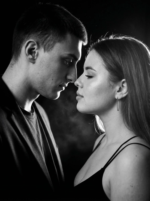 Фотореалистичный чёрно-белый кинематографичный портрет пары в тёмной студии. Сохранить внешность по загруженным фото: черты лица, пропорции, возраст, форму глаз/носа/губ, текстуру кожи и естественную мимику — без идеализации и изменений.
Крупный план по пояс, профиль к профилю. Мужчина слева, женщина справа. Они стоят очень близко, лбы и кончики носов почти соприкасаются, момент «перед поцелуем». Взгляд опущен (не в камеру): он смотрит вниз/на её губы, она закрывает глаза или смотрит вниз, выражение тихое и нежное. Между ними минимальная дистанция, без улыбок, атмосфера интимная и спокойная.
Мужчина в тёмной рубашке/пиджаке. Женщина в чёрном платье/топе на тонких бретелях, открытые плечи, серьга-цепочка, кожа с естественным бликом.
Свет: жёсткий контровой/рисующий свет сзади и чуть сбоку (rim light), сильная световая окантовка по волосам и профилям, передняя часть лица в мягкой полутени. В воздухе видны мелкие пылинки/частицы, подсвеченные контровым светом, лёгкий кинематографичный дым/хейз (очень деликатно). Фон полностью чёрный, без деталей.
Оптика/съёмка: 85mm, f/1.8-2.2, малая ГРИП, резкость на линии нос-лоб, остальное плавно уходит в мягкое боке.
Высокий контраст, глубокие чёрные, яркие хайлайты по волосам, плёночное зерно, лёгкий glow на контуре, без «пластика» и без пересвета на коже.