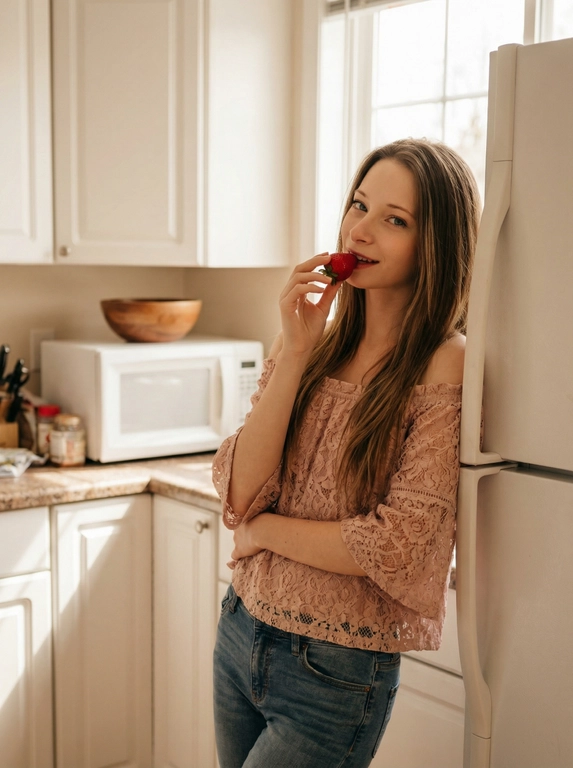  

Фотография, выполненная в мягких, естественных тонах. Она создаёт ощущение уюта и тепла. Женщина стоит на кухне, прислонившись к белому холодильнику. В фоне видны белые кухонные шкафы и микроволновая печь. На столешнице, уставленной кухонной утварью, стоит деревянная миска.

На женщине надет кружевной топ нежно-розового цвета с открытыми плечами и джинсы. Она держит в руке красную клубнику, поднося её ко рту. Её поза расслаблена и непринуждённа.