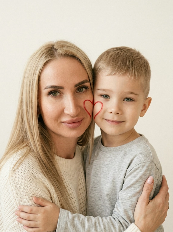 Не меняй внешность и черты лица «вертикальная фотография, мягкий студийный свет с эффектом вспышки, крупный план, умеренный контраст, лёгкая плёночная зернистость, винтажный документальный стиль.
Минималистичный светлый фон (чистая стена).
Родитель (слева) и ребёнок (справа), щёки соприкасаются. На щеке родителя — половина сердца, на щеке ребёнка — вторая, вместе образуют одно сердце.
Оба смотрят в камеру: у родителя спокойная тёплая улыбка, у ребёнка — спокойная тёплая улыбка.


Какая будет одежда?: Естественный внешний вид, уютная светлая повседневная одежда.