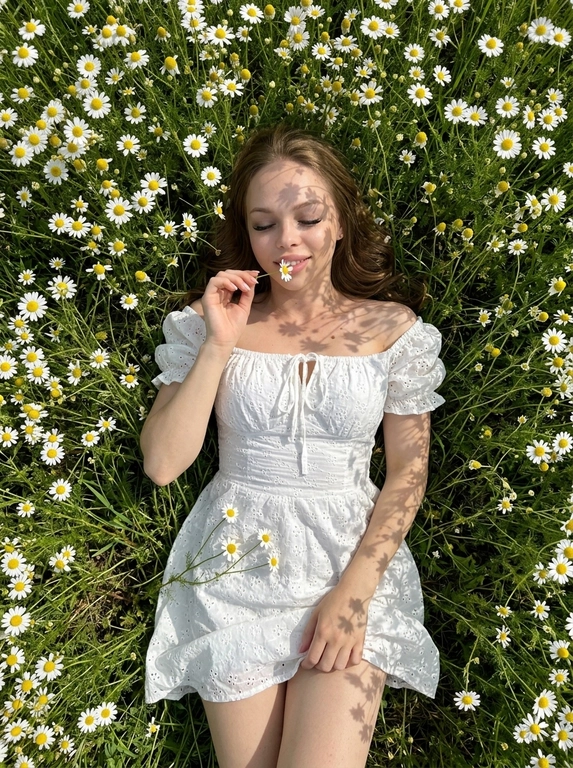 Shot on iPhone 16 Pro Max, phone is not visible in the frame.
Ultra-realistic smartphone photo, no flash, no CGI, no Al look, realistic pores and skin texture. woman lying in a dense chamomile field. Camera positioned directly above her in an almost perfectly vertical top-down angle. Full-body composition from head to knees. Body placed diagonally: head toward the upper left corner, legs toward the lower right.
Surrounded by hundreds of white chamomile flowers. Eyes closed, soft relaxed half-smile. One hand raised to her face, gently holding a chamomile stem so the flower touches her lips.
Calm, poetic atmosphere. Hair spread around her head across the grass and flowers, with a few loose strands on the cheeks and forehead. Ultra-short romantic white peasant-style dress with oversized off-shoulder puff sleeves, square neckline with front ties, voluminous layered skirt, textured broderie anglaise cotton. The skirt is lifted slightly by a gentle breeze.
Open shoulders, collarbones and legs visible. A fallen chamomile flower rests on the dress. Bright sunny daylight creates lace-like shadows from flowers and stems across the dress, face, arms and legs. Entire frame filled with chamomile flowers, green stems and wild grass. Natural iPhone colors, rich greens, clean whites, warm daylight, slightly increased contrast.
Pinterest countryside editorial aesthetic.