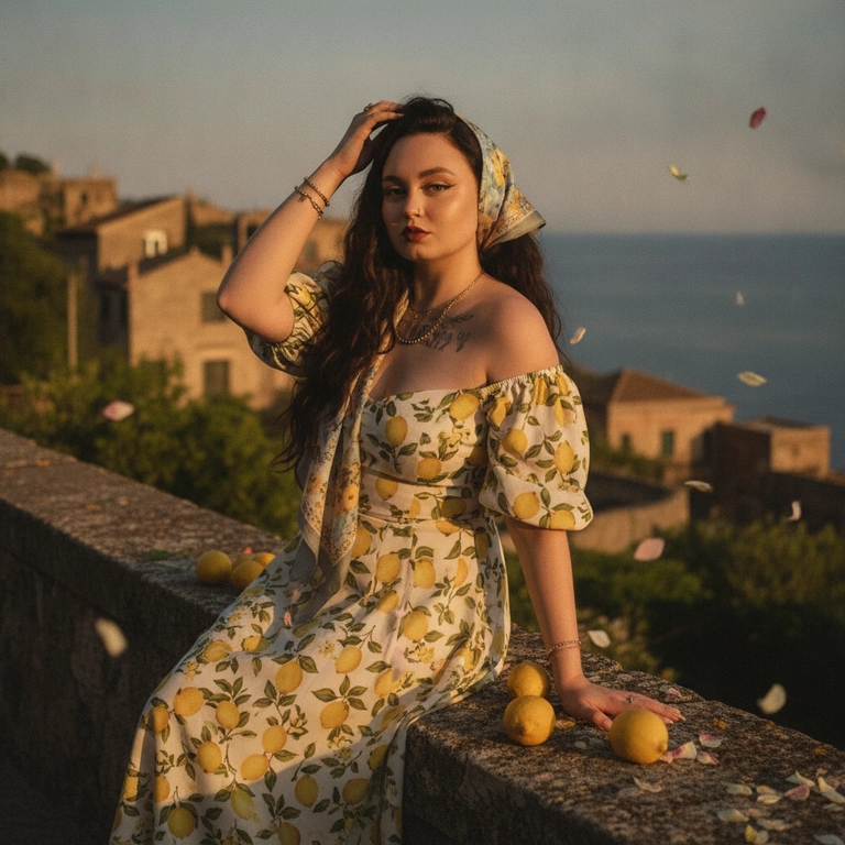 A hyper-realistic real-life shot of a young woman in a romantic Mediterranean style, sitting on a stone parapet.

• Appearance: The woman has long, thick hair styled in large waves, part of which is tucked under a light-colored scarf with a floral print. She has expressive eyes, clearly defined cheekbones, and lips painted with dark lipstick.
• Clothing: She is wearing a light, off-the-shoulder dress with puffy sleeves, decorated with a print of lemons and leaves. The fabric has a light drape.
• Accessories: The look is completed with gold jewelry: an elegant necklace, bracelets on both arms, and rings on her fingers.
Makeup: long, expressive, separated lashes, and expressive black eyeliner.
Pose

The woman stands in a relaxed, elegant pose, leaning against a stone base. Her left hand is raised to her head, and her right hand rests casually on the parapet.  The legs are slightly bent, revealing a glimpse of the hip, accentuating the femininity of the silhouette. The gaze is directed directly at the camera, with a slightly wistful expression.

Lighting

The lighting is warm and golden, characteristic of the "golden hour" before sunset. The light falls softly on the face and shoulders, creating deep shadows and highlighting the texture of the skin and fabric. Soft, dappled shadows fall through the tree foliage onto the dress and rocks, adding dimension and atmosphere to the scene.

Angle

The photograph is taken at the model's eye level (or slightly higher), using a medium shot to capture both the portrait details of the face and the details of the clothing and surroundings. The composition is balanced: the model is positioned slightly diagonally, adding dynamism to the frame.

Atmosphere

The overall style is inspired by the aesthetics of southern Italy or the Mediterranean (a "dolce vita" atmosphere).  The presence of whole lemons next to the girl and flower petals floating in the air adds a magical quality, lightness, and artistic completeness to the photo. Don't alter the facial features; they should be as in the reference photo. The aspect ratio is 9:16.