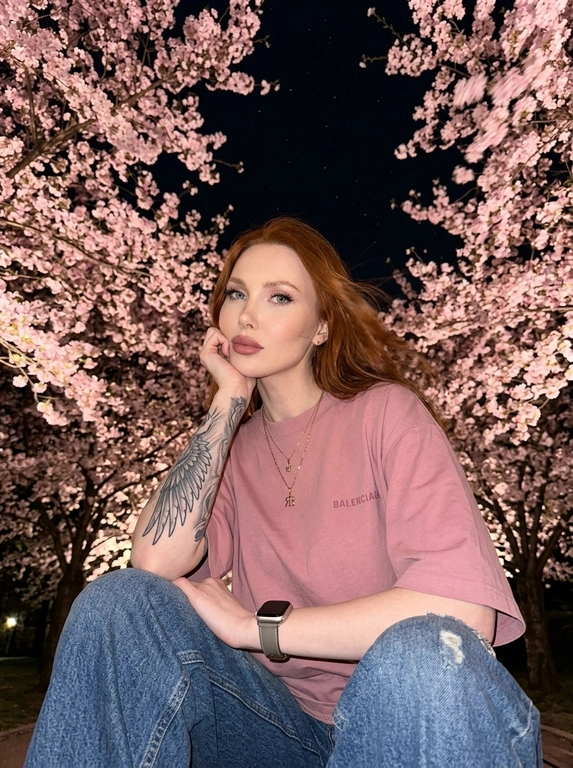 На снимке запечатлена женщина в задумчивой и мечтательной позе ночью, она сидит вполоборота в профиль, мягко подпирая подбородок рукой и устремляя нежный взгляд в камеру, лёгкая динамика ветра, subtle motion blur, темнота, композиция выстроена с драматичного слегка нижнего ракурса, где доминирующим элементом фона выступает пышная крона цветущей сакуры в ночное время, множество нежно-розовых соцветий образуют над головой плотный живой купол, подсвеченный мягким искусственным светом, создавая сказочную интимную уединённую атмосферу ночи, женщина одета в свободную футболку Balenciaga, внизу джинсы свободного кроя из плотного денима с потертостями, на руке часы Apple Watch с ремешком Hermes серого цвета, лицо освещено жёсткой вспышкой которая с гиперреалистичной точностью передает каждую деталь: естественный микрорельеф кожи, изгиб длинных ресниц и нежный макияж с акцентом на губах, палитра объединяет глубокий чёрный цвет ночного неба со звездами и пудрово-розовые тона лепестков, фотореализм, waist shot, low angle, 35mm, iPhone 16 Pro Titanium.

Какого цвета будет футболка?: На ней надета розовая футболка