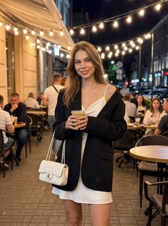 Фотореалистичное фото, снятое на iPhone, в эстетике elegant night outfit, feminine luxury vibe, Pinterest style. Кадр по бёдра или чуть ниже, модель находится на фоне стильного вечернего кафе или летней террасы. Фото выглядит естественно, как живой городской кадр без студийной постановки.

Модель с вечерним glam-макияжем: кожа с натуральной текстурой, длинные ресницы, подчёркнутые глаза, мягкий контуринг и розовые глянцевые губы. Выражение лица спокойное, мягкое, отстранённое и уверенное.

На модели через плечо белая стёганая сумка на цепочке. Образ элегантный, дорогой, вечерний и женственный.

Модель стоит в расслабленной fashion-позе: корпус слегка изогнут, одна рука заведена назад или лежит у талии, другая естественно держит сумку на плече. Голова немного наклонена в сторону, взгляд мягкий и уверенный. Поза плавная, женственная, с акцентом на талию, разрез юбки, сумку и силуэт.

На заднем плане вечерняя летняя терраса или вход в красивое кафе: мягкий тёплый свет лампочек сверху, цветы в кашпо, светлый декор, стеклянные панели, уютная ночная городская атмосфера. Фон слегка размыт, но читается как стильное модное заведение.

Освещение мягкое ночное, смешанное: тёплые лампы сверху и лёгкая холодноватая подсветка заведения на фоне. Свет не выглядит как студийный свет.

Цветокор cinematic: глубокие мягкие тени, сочетание голубовато-белых и тёпло-золотистых оттенков, лёгкий контраст, натуральные цвета, без чрезмерного HDR и без глянцевой рекламной обработки. Естественная текстура кожи, soft shadows, real life shot, iPhone photo, casual luxury lifestyle, no studio lighting, no CGI, no plastic skin, no over-retouching.

Какая будет одежда?: На модели короткое лаконичное платье молочного или пудрового оттенка и свободный oversized-жакет поверх. Жакет мягко спадает с плеч, создавая расслабленный fashion-силуэт. Образ современный, вечерний, стильный и немного дерзкий.

Какая будет прическа?: волосы уложены на брашинг с мягким объёмом у корней, гладкой формой и слегка подкрученными внутрь концами, укладка выглядит живой, дорогой и естественной.