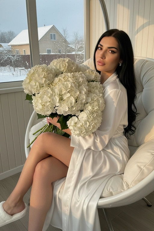 Гиперреалистичная фотография женщины, зима, сидящей полубоком на закрытой веранде с видом на дом в кресле коконе белом и держащей в руках очень большой, пышный букет, состоящий из множества белых цветов — круглых, густых, многоцветковых, с пышными соцветиями и зелеными листьями. Букет объемный, он явно состоит из десятков отдельных гортензий, а не из единого бутона. в ушах маленькие красивые серьги. ногти молочного цвета. Волосы с аккуратной легкой укладкой. 
На ней халат шелковый как кимоно в пол на ногах пушистые тапки.
Ее макияж выполнен в стиле мягкого глэма: сияющая кожа. Она позирует в полупрофиль.
Золотистый естественный свет проникает сбоку, отбрасывая резкие, но мягкие тени на складки ткани . Цвет халата - белый, цвет тапок - белый 