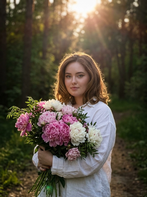 Кинематографичная фотореалистичная photography модели в лесу летом, снятая на Hasselblad X2D II 100C, 85mm lens, f/1.8, medium full shot, камера расположена на уровне талии и слегка сбоку. Модель стоит на узкой лесной тропинке среди густого зелёного леса, повернувшись вполоборота через плечо к камере. В руках она нежно прижимает к себе огромный букет цветов, отдельные ветки частично закрывают плечо и грудь. Выражение лица спокойное и чувственное, еле заметная улыбка, губы расслаблены, взгляд направлен прямо в камеру. На ней свободная белая длинная льняная рубашка oversize с длинными рукавами, натуральная слегка мятая ткань красиво подсвечивается солнцем. Кожа ровная, сияющая, с лёгким естественным загаром и realistic skin texture без plastic skin. Макияж soft natural glam: мягкий contouring, пушистые brows, длинные натуральные ресницы, subtle warm glow на коже. Тёплый золотой свет закатного солнца проходит сквозь деревья и создаёт cinematic backlight вокруг силуэта, мягкие солнечные блики на сирени и ткани одежды, глубокие зелёные тени в лесу. Атмосфера тихая, живая и немного dreamy, будто кадр из арт-фильма. Moody underexposed forest photography, warm golden highlights, rich deep greens, soft haze, subtle film grain, luxury Pinterest editorial aesthetic, ultra photorealistic RAW quality.

Какие будут цветы?: В руках пионы