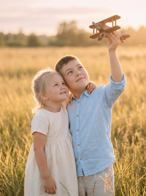 Это кадр из теплой и нежной фотосессии, сделанной на природе, возможно, в поле или лугу. Цветовая гамма – мягкая, золотистая, с преобладанием теплых пастельных оттенков, создающих атмосферу уюта и безмятежности. Общее впечатление – трогательное и светлое.

В центре внимания – два ребенка. Первый ребенок стоит немного сбоку и прижимается к другому ребенку, который обнимает его одной рукой. Второй ребенок смотрит вверх, подняв другую руку, в которой держит игрушечный самолет. Лица детей выражают радость и предвкушение.

Если ребенок - мальчик то на нем надета рубашка светлого оттенка с закатанными рукавами. Если ребенок девочка, то на ней надето легкое платье светлого оттенка с короткими рукавами и юбкой А-силуэта. Ткань выглядит мягкой и приятной на ощупь. Их одежда выглядит простой и удобной, что соответствует общей атмосфере естественности и беззаботности.
