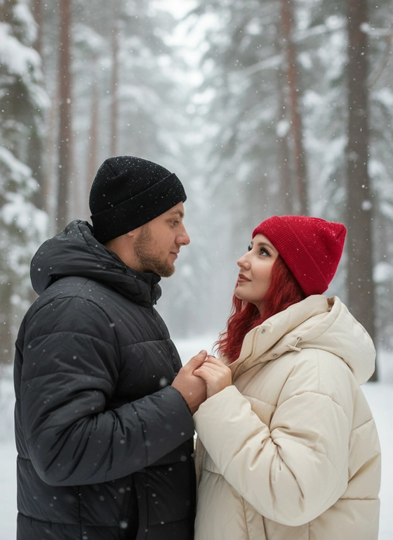 
Создай портрет, не меняя черты бы лица. Мужчина и женщина стоят лицом друг к другу в зимнем лесу. Мужчина одной рукой держит, а она смотрит на него снизу вверх. Портрет крупным планом, составленный таким образом, что на переднем плане )  мужчина, а лицо женщины находится в центре кадра , камера немного смещена от центра.
У женщины ровный матовый оттенок кожи и черная тушь для ресниц, губы пудрово-коричневые. 
Женщина одета в обьемную молочную куртку оверсайз, и маленькую красную  шапочку Бини , её волосы волнистые. 
На мужчине темно серый пуховик,  перчаток нет, черная шапка Бини 
Место действия - зимний сосновый лес, заснеженный лес с высокими деревьями. На ветвях виден снег. Фон размыт, в воздухе виден туман и обилие снежинок. Освещение естественное, мягкое, теплое, как при зимнем дневном свете. Тени мягкие. Изображение очень детализированное и фотореалистичное. Снимок сделан с помощью 50-миллиметрового портретного объектива. Лица не изменены.