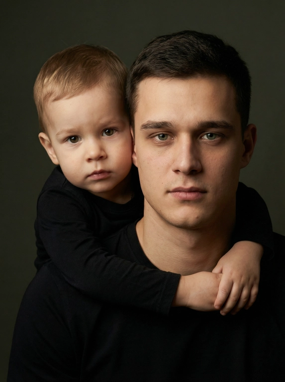 Создай портретный студийный кадр из фотосессии отца и сына. Сын обнимает отца сзади, лежа подбородком на его плече, руки мягко сомкнуты на груди мужчины. Оба смотрят прямо в камеру. Естественные спокойные эмоции, лёгкая серьёзность во взгляде.
Одежда — однотонные чёрные лонгсливы или свитера без принтов. Тёмный нейтральный фон (глубокий серо-оливковый или графитовый). Мягкий направленный студийный свет с лёгкой теневой глубиной, акцент на лицах, тёплая естественная цветокоррекция, высокая детализация кожи, натуральная текстура без излишней ретуши.
Кадр — крупный или средний план, плотная композиция, лица расположены близко друг к другу. Атмосфера — тёплая, камерная, эмоциональная, ощущение близости и доверия. Профессиональная съёмка, 85mm lens, shallow depth of field, cinematic portrait, ultra realistic.

