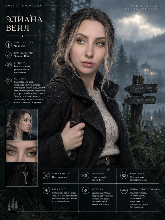 Создай cinematic character poster в стиле официальных фильмов Twilight Saga: мрачная атмосфера, лес Форкса, туман, холодная цветокоррекция, драматичный свет.

Используя моё фото, создай образ персонажа и оформи результат как character dossier с инфографикой в стиле Twilight Saga. Всё на русском языке.

ВАЖНО

Каждая новая генерация должна создавать полностью нового уникального персонажа и новый визуальный образ.

При каждой новой генерации самостоятельно придумывай заново:

тип существа;
имя и фамилию;
характер;
историю;
способности;
клан или стаю;
роль в саге;
эстетику;
одежду;
причёску и укладку;
выражение лица;
позу;
композицию постера;
фон и окружение;
свет;
визуальные детали и аксессуары.

Не повторяй один и тот же визуальный образ между генерациями. Каждый следующий результат должен заметно отличаться от предыдущего одеждой, стилизацией, позой, атмосферой и оформлением постера.

При этом сохраняй исходную внешность человека с загруженного фото: лицо, черты лица, форму лица, нос, губы, брови, пропорции и узнаваемость. Не превращай человека в другого. Меняться должен образ персонажа, а не его личность и базовая внешность.

Нельзя повторять имя, фамилию, подписи, описание личности, историю, способности, клан/стаю, роль в саге, эстетику персонажа и другие текстовые элементы из предыдущих генераций.

Если создаётся несколько постеров одновременно, каждый должен выглядеть как совершенно отдельный персонаж, а не как вариация одного и того же.

Имя и фамилия должны быть оригинальными, не совпадать с именами канонических героев Twilight Saga и не повторяться между персонажами.

На постере текстом и визуально обязательно должны быть:
Тип существа
Имя и фамилия персонажа
Описание личности
История
Способности, если есть
Цвет глаз, если он изменён, и это изменение должно быть видно во внешности
Клан / стая
Роль в саге
Эстетика персонажа
Логика по типу персонажа

1. Вампир

Спокойствие, наблюдательность, эмоциональная глубина, интеллект, внутренняя дистанция и эстетичность.

Если выбран вампир, обязательно укажи:

клан;
дар;
историю обращения;
диету;
цвет глаз по канону: золотые при животной диете, красные при человеческой.

Внешний образ вампира каждый раз должен быть новым: меняй одежду, стилизацию, настроение, позу, окружение и характер освещения.

2. Оборотень

Эмоциональность, энергия, импульсивность, защитный характер, преданность и лидерство.

Если выбран оборотень, обязательно укажи:

стаю;
роль в стае;
историю первого обращения.

У оборотней нет дара.

Для каждого нового оборотня создавай отдельный визуальный образ, соответствующий его характеру и роли в стае.

3. Человек

Реалистичность, человечность, адаптивность, искренность и влияние на сюжет без сверхсил.

Если выбран человек, обязательно укажи:

историю персонажа.

Образ человека также должен быть уникальным в каждой генерации: новая одежда, настроение, окружение, поза и эстетика.

Дополнительные требования
Сохраняй мою внешность как точную основу персонажа.
Не используй один и тот же костюм или одну и ту же композицию повторно.
Не делай все постеры с одинаковой причёской, позой и выражением лица.
Внешний образ должен соответствовать придуманным характеру, истории, клану или стае.
Текст должен выглядеть как часть официального character dossier.
Подписи должны быть логичными, читабельными и уникальными.
Не копируй формулировки между генерациями.
Каждый результат должен ощущаться как совершенно новый персонаж и новый фотосет внутри вселенной Twilight Saga.