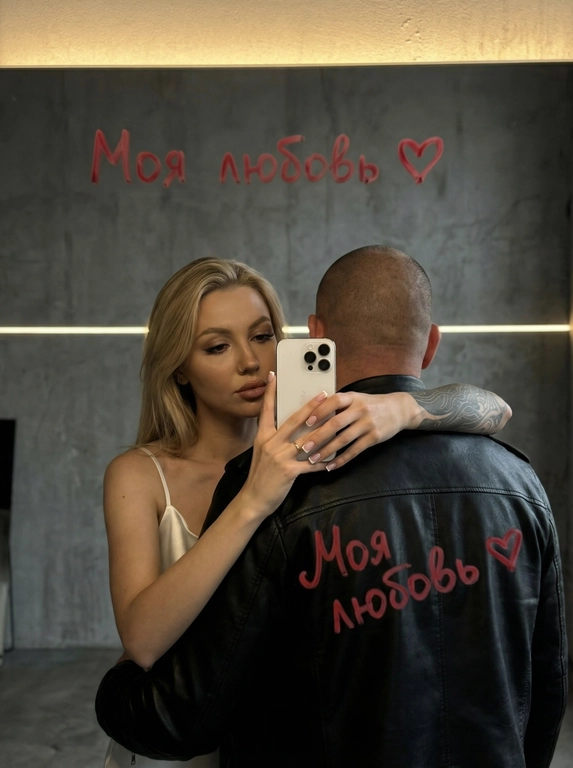 Ультрареалистичное кинематографичное зеркальное селфи пары. Строго сохранить лица из референса без изменений: возраст, пропорции, форму глаз, носа и губ, текстуру кожи, линию подбородка. Не изменять черты лица.

Локация: Серый лофт, low-key атмосфера.

Композиция: мужчина стоит спиной к камере, его лицо полностью не видно (back fully facing camera); за его спиной женщина обнимает его и снимает зеркальное селфи. Она держит белый смартфон Apple iPhone 16 Pro двумя руками. Фокус на руках и телефоне, френч квадратный маникюр. Физически корректное зеркальное отражение, без искажений..

Образ девушки: безупречный макияж, лёгкое сияние кожи.

Свет и стиль: подсветка от зеркала сверху-спереди, мягкие тени, тонкая горизонтальная световая линия на фоне. 50-85 мм, f/2-2.8, малая ГРИП; киноконтраст, плёночное зерно, high-end editorial, 8K.

Сцена полностью показана через отражение в зеркале, единственный источник изображения  — это отражение.

Ваша надпись красной помадой на зеркале: Моя любовь ♥️

Ваша одежда: Мужчина одет в черную косуха, женщина в белый атласный топ с тонкими бретельками