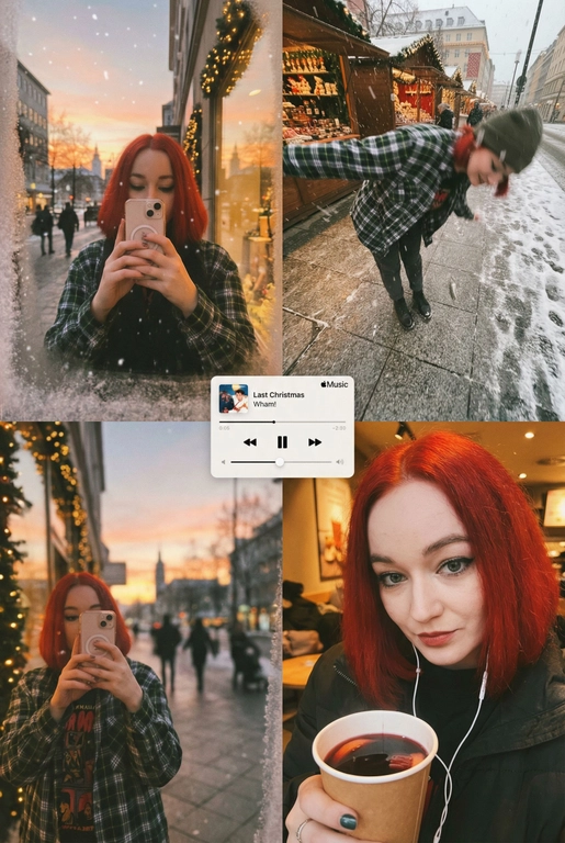   Многопанельный коллаж в стиле зимнего постера, передающий рождественскую атмосферу улицы, снятый как спонтанная фотография на iPhone. Сцена выглядит естественной, уютной и реалистичной: мягкий снегопад, тёплые отражения в окнах и едва заметная аналоговая зернистость создают праздничное, но сдержанное рождественское настроение. Все кадры объединены единым визуальным образом и ощущением зимнего уюта. 
 
В верхнем левом кадре — отражающая витрина магазина на закате. Слабые рождественские огни и матовые края стекла окружают человека, который держит телефон, частично закрывающий лицо. Тёплые блики света, гирлянды, уличные огни и проходящие силуэты создают мягкое размытие и многослойные отражения в стекле с естественным искажением кривизны. 
 
В верхнем правом кадре — крупный план, снятый сверху вниз, на заснеженном тротуаре или возле рождественского рынка. Человек небрежно наклоняется вперёд, создавая ощущение движения и спонтанности. Падающий снег формирует лёгкое размытие, а поверхность земли слегка искажается в зависимости от ракурса объектива, усиливая эффект съёмки с рук, без постановки. 
 
Нижний правый кадр — интимное селфи, сделанное сверху при тёплом уличном или кафешном освещении. В руках — праздничный напиток на вынос (кофе или глинтвейн), заметны проводные наушники. Детали хорошо проработаны, а мягкая зернистость усиливает ностальгическое рождественское настроение. 
 
В центре коллажа расположен минималистичный мини-плеер в стиле Apple Music, отображающий популярную рождественскую песню (например, «Last Christmas» или «All I Want for Christmas Is You»), выполненный в плоском, чистом дизайне без теней. 
 
Цветовая палитра тяготеет к тёплым янтарным, мягким красным, сосново-зелёным и приглушённым зимним серым тонам, создавая атмосферу праздничной близости, визуальной теплотой и эмоциональной узнаваемости — без ощущения постановки или футуризма.