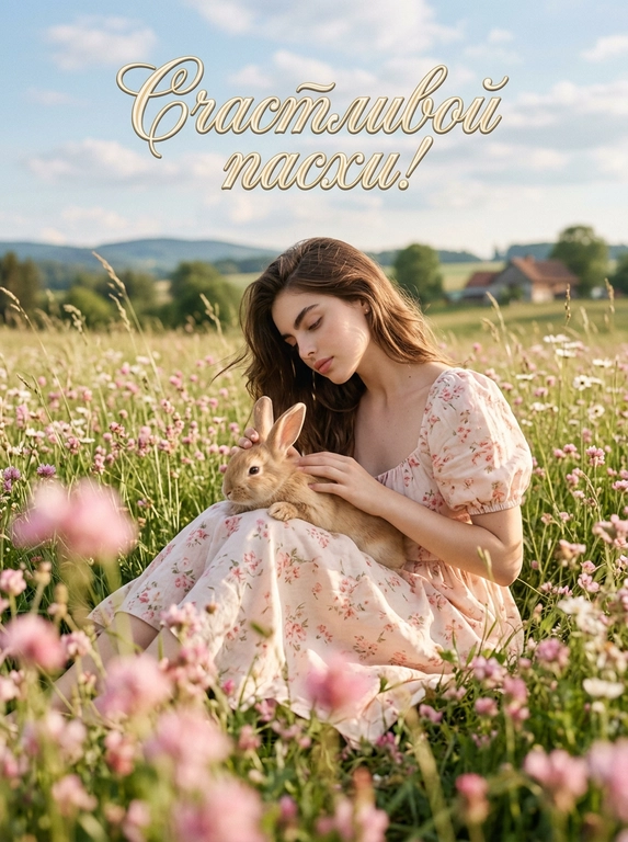 Фотореалистичная fashion editorial фотография в мягком кинематографичном ключе, оформленная как красивая пасхальная открытка. 
Модель сидит в цветущем летнем лугу по пояс в траве, корпус слегка повернут в 3/4, голова нежно наклонена; на её коленях расположен кролик, она мягко гладит его обеими руками, кролик удобно устроился, его пушистая шерсть хорошо читается, одно ухо приподнято.
Кадр вертикальный, средний план (от талии, бедер до макушки) камера на уровне глаз или чуть ниже, лёгкий наклон вверх, центральная композиция с мягким смещением героини влево. Передний план заполнен размытыми розовыми цветами, создающими воздушное боке и глубину.
Объектив портретный 50-85 мм (полнокадровый экв) натуральная перспектива без широкоугольных искажений; малая, средняя глубина резкости, точный фокус на лице и кролике, фон плавно размывается, передние цветы сильно размыты.
Освещение естественное дневное «golden hour», мягкое солнце, тёплый ключевой свет сбоку и немного сверху, нежные тени без жёстких контрастов, лёгкий контровой свет подсвечивает контуры и создаёт тонкий ореол на волосах и кроличьей шерсти, мягкие блики на коже и ткани.
Цветовая палитра пастельная и воздушная: небесно-голубое небо, свежая зелень, розово-персиковые и кремовые оттенки цветов и платья, лёгкая тёплая тонировка, чистые светлые хайлайты, умеренная насыщенность, лёгкий film look с тонким матовым эффектом в тенях и аккуратным зерном.
Выражение спокойное и мечтательное, губы расслаблены, ощущение нежности и умиротворения.
Одежда: лёгкое романтичное платье в стиле cottage core, светлая ткань с нежным розовым цветочным принтом, объёмные рукава, мягкие складки и драпировка.
Окружение: густой луг с множеством мелких розовых и белых полевых цветов, высокая трава, голубое небо с мягкими облаками, лёгкое движение травы и волос от летнего ветерка.
В верхней части кадра размещена элегантная каллиграфическая надпись на русском: аккуратный праздничный шрифт, гармонично вписанный в композицию.

Какая будет надпись?: Счастливой пасхи!