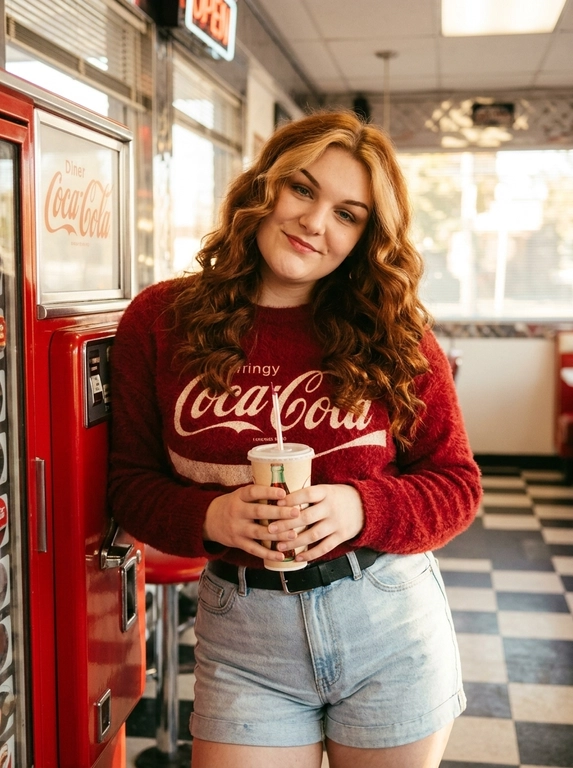 Фотореалистичная lifestyle-fashion съёмка в американской закусочной в стиле 90s retro diner. Модель стоит у ярко-красного автомата с напитками, слегка прислонившись плечом к корпусу. Одна рука поднята к лицу и держит высокий бумажный стакан с трубочкой, вторая расслабленно лежит на талии. Корпус слегка подан вперёд, одно бедро выведено в сторону, создавая красивую S-линию тела. Голова немного наклонена вниз, взгляд исподлобья прямо в камеру, уверенный и притягательный. На ней объёмный пушистый свитер насыщенного красного цвета с крупной винтажной надписью в стиле Coca-Cola, светлые джинсовые шорты с высокой посадкой, потёртостями и необработанным краем, тонкий чёрный ремень.  Макияж мягкий glamour: выразительные ресницы, идеально оформленные брови, лёгкий контуринг, натуральный румянец, сияющая кожа, губы с деликатным сатиновым финишем. Интерьер выполнен в красно-белой палитре: клеточная плитка, большие окна, винтажная атмосфера американского дайнера. Тёплый солнечный свет проникает через окна, смешиваясь с мягким интерьерным освещением, создавая уютные блики на волосах и коже. Реалистичная текстура кожи с видимыми порами, высокая детализация ткани, объёмный ворс свитера, естественные тени и свет. Премиальная fashion-фотография для рекламной кампании одежды, высокая детализация, кинематографичная цветокоррекция с тёплыми красными и карамельными оттенками.

Какая будет укладка?: Волосы густые, объёмные, уложены крупными естественными волнами, свободно ниспадают на плечи и спину.