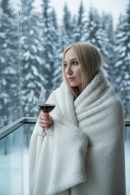 Профессиональная фотография потрясающей женщины в стиле fashion lifestyle со сверхвысоким разрешением, возьмите за основу прилагаемую фотографию и максимально сохраните все черты лица, сохранив точные черты лица, цвет глаз, волос и тон кожи, завернутые в толстое белое пушистое одеяло, с бокалом красного вина в руках. вино, задумчиво смотрящий в сторону с поджатыми губами, на современном стеклянном балконе с видом на густой заснеженный еловый лес зимой, мягкий естественный рассеянный дневной свет с прохладными тенями, портрет крупным планом, снятый от груди и выше под небольшим углом, безмятежная уютная романтическая атмосфера, холодные бело-голубые снежные тона с теплыми акцент на красном вине, небольшая глубина резкости, четкий фокус на лице и бокале, фон в стиле боке, редакционный снимок красоты, 8K, сверхдетализированная, профессиональная фотография.