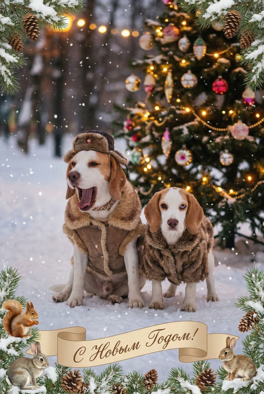   создай новогоднюю фотографию в стиле советского фильма: лица максимально похожи на исходное фото, на улице, в старой зимней одежде (пальто/шуба с меховым воротником, меховая шапки из ондатры или норки). Идёт снег. На фоне размытая украшенная советскими стеклянными игрушками ёлка с гирляндами и тёплыми огоньками. Внизу бежевая декоративная лента с надписью. Рамка по краям из еловых веток со снегом, добавить шишки, белочек и зайчиков. Атмосфера уюта и ностальгии, мягкие кистевые мазки, тонкая плёночная зернистость, мягкая глубина резкости. Надпись на ленте: "С Новым Годом!"