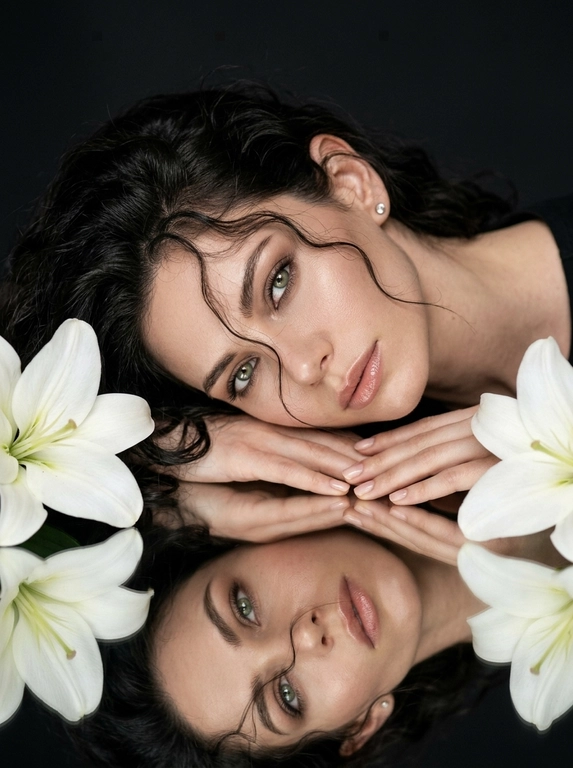 Фотореалистичный студийный beauty-портрет в эстетике дорогой рекламной кампании люксового косметического бренда. Минималистичная студия с глубоким матовым чёрным фоном. Перед моделью идеально гладкий чёрный зеркальный стол с чистым отражением лица, рук и цветов.

Женщина спокойно лежит на животе, корпус расположен немного по диагонали. Плечи расслаблены. Лицо находится почти вплотную к поверхности стола. Голова слегка наклонена вправо и мягко опирается щекой на сложенные кисти рук. Правая кисть лежит под щекой, левая свободно расположена сверху. Руки направлены по диагонали вдоль нижней части лица, пальцы расслабленные и естественно вытянутые. Лицо практически параллельно поверхности стола. Взгляд направлен прямо в объектив. Выражение спокойное, уверенное и слегка отстранённое. Губы мягко расслаблены.

В одном ухе небольшая изящная серьга с прозрачными бриллиантами. На модели минималистичный топ телесного оттенка с тонкими бретелями, почти полностью скрытый кадрированием.

Макияж выполнен в стиле luxury beauty campaign. Идеально ровный естественный тон кожи с деликатным сатиновым финишем. Лёгкий контуринг мягко подчёркивает скулы и овал лица. Нежные бежево-тауповые тени с плавной растушёвкой создают выразительную глубину взгляда. Верхнее межресничное пространство аккуратно затемнено, тонкая мягкая стрелка практически незаметна. Длинные, густые, идеально разделённые ресницы с объёмной премиальной тушью. Брови натуральные, аккуратно уложенные, с мягкой архитектурой и естественной густотой. На внутренних уголках глаз едва заметное сияние. Скулы подчёркнуты деликатным сатиновым хайлайтером без крупных блёсток. Губы объёмные, идеально очерченные пыльно-розовым карандашом, покрыты полупрозрачной розово-бежевой помадой с дорогим увлажняющим глянцевым финишем.

По обе стороны лица расположены две крупные полностью раскрытые белые лилии. Цветы находятся очень близко к объективу, частично выходят за границы кадра и создают симметричное обрамление лица. Их отражение полностью повторяется на зеркальной поверхности стола.

Большой мягкий источник света расположен спереди и немного слева от камеры. Освещение дорогое, объёмное и контролируемое, как в премиальной рекламе Dior Beauty, Estée Lauder или Tom Ford Beauty. Свет равномерно освещает лицо, создавая деликатные блики на скулах, переносице, губах и зеркальной поверхности, сохраняя глубокие чистые чёрные тени по краям кадра.

Камера расположена очень близко, примерно в 30-40 см от лица, немного выше поверхности стола и направлена вниз примерно под углом 15-20°. Очень плотный портрет beauty crop. Лицо занимает почти всю ширину кадра. Верх головы и часть предплечий слегка выходят за границы изображения. Отражение лица почти полностью заполняет нижнюю половину кадра. Ракурс максимально близкий, слегка заниженный, без ощущения съёмки сверху.

Снято на полнокадровую камеру, объектив 105 mm, f/2.8. Идеально резкий фокус на глазах, губах и отражении лица. Ближайшие лепестки цветов слегка смягчены глубиной резкости. High-end beauty campaign, luxury skincare advertising, premium cosmetics editorial, дорогая журнальная рекламная съёмка, максимальный фотореализм, естественная текстура кожи, натуральный объём лица, мягкое плёночное зерно, без пластиковой ретуши, без AI-глянца, без текста и водяных знаков.

Какая будет прическа?: Не менять мою прическу