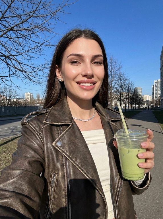 Не меняй черты лица женщины с фото. На этом ярком солнечном снимке запечатлена женщина в эстетике весенней прогулки. Фотография выполнена в формате селфи на фоне ясного голубого неба и деревьев. У неё аккуратный макияж с акцентом на сияющие губы (блеск), чётко оформленные брови, нарощенные ресницы в «лисьем» эффекте, лёгкий контуринг на скулах. На ней стильная кожаная косуха шоколадного цвета с эффектом состаренности. Под курткой виден лонгслив из вискозы с открытыми плечами и напуском молочного цвета. В ушах видны серьги-гвоздики и тонкая цепочка на шее с маленьким бриллиантом. Яркий прямой солнечный свет создаёт чёткие контрасты и подчёркивает текстуру одежды и блеск аксессуаров. Фон: чистое ярко-голубое небо без единого облака, ветви деревьев без листвы, асфальтовый тротуар, вдали красивые архитектурные здания, женщина прогуливается по улице города. Общее впечатление — позитивное прогулочное настроение. Ракурс: на вытянутой руке, снизу вверх.

Кофе в руке:   В руке пластиковый стакан матчи с трубочкой.