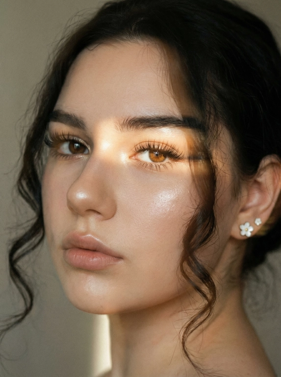 Кинематографический эффект с добавлением зерна. Ультрареалистичный, экстремально крупный портрет части лица девушки: на неё падает солнечный свет полосой, освещая глаза; её голова немного повёрнута в сторону. Тело подсвечено хайлайтером. Макияж лёгкий, с насыщенным хайлайтером; ресницы длинные, пышные. Она смотрит в камеру со спокойным, созерцательным выражением. Освещение мягкое, с лёгким акцентом на её лицо, создаёт нежные тени и подчёркивает черты. В ушах — серьги в виде белых цветов. Фон минималистичный и нейтральный, что усиливает спокойную и элегантную атмосферу. Фото смазанное, как будто сделано в движении, с двойной экспозицией.


Какая будет прическа?: Волосы уложены в локоны частично спадают на лицо.